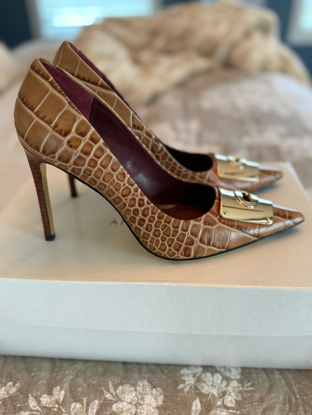 Coach Brown Croc-Embossed Pointed Toe Pumps with Gold Plate - Picture 2 of 12